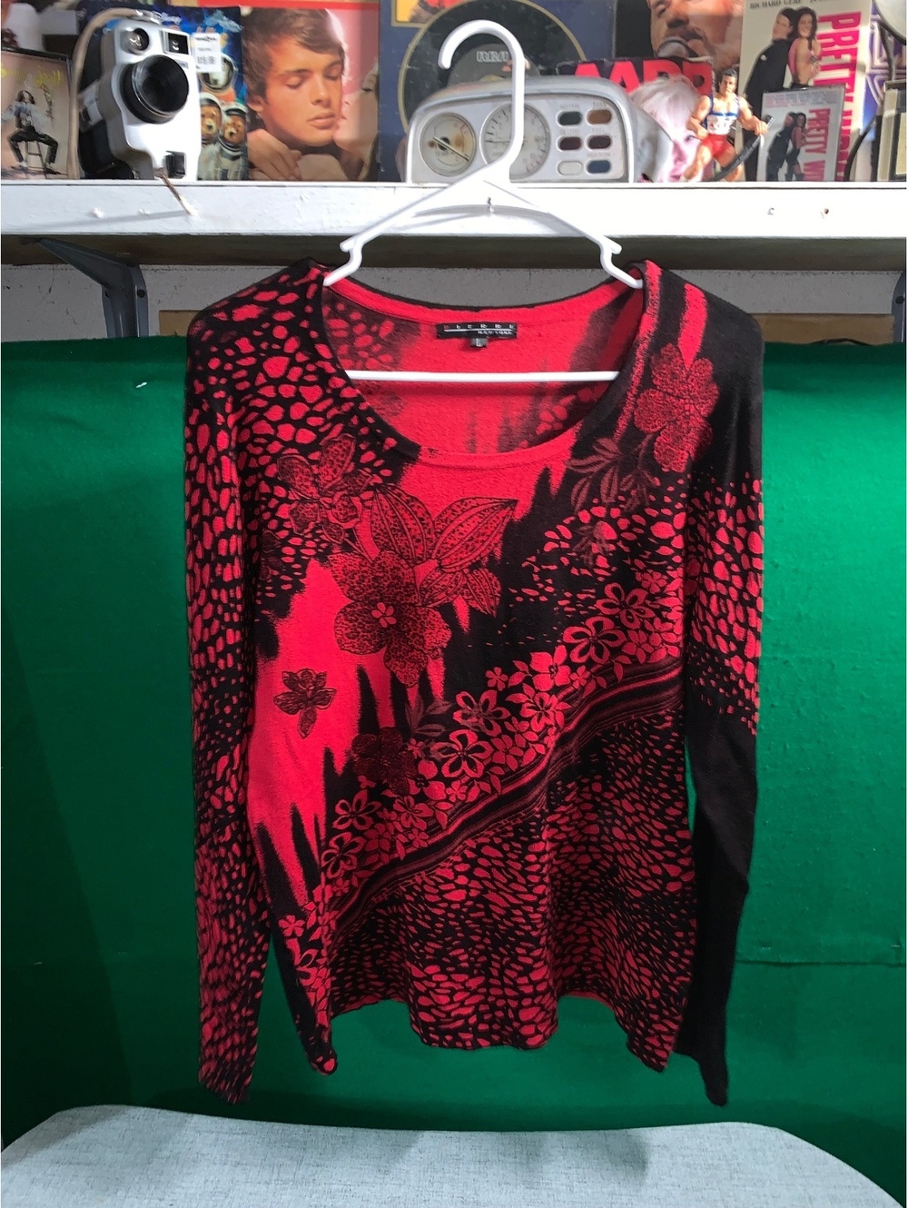 Red and black patterned long sleeve top